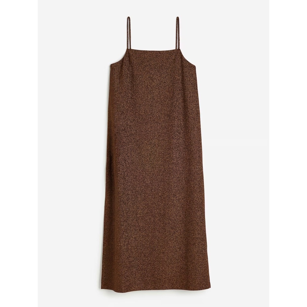 HM Womens Bronze Metallic Jersey Slip Dress Square Neck Midi Brown Size M NWOT